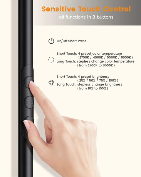 Close-up view of touch control panel on Lit 36W LED Floor Lamp With 3000LM Output, Tall Torchiere Standing Light, finger pressing button