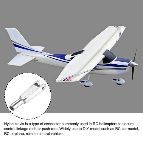 Flying RC airplane model with close-up of Metal Clevis Quick Link M2 Thread Steel Clevis Self Locking Clip highlighted.