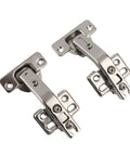 135 Degree Corner Cabinet Hinge Set for Kitchen and Bath, Tough as Nails Cold Rolled Steel 2 Pack; shiny metal hinges on white background.