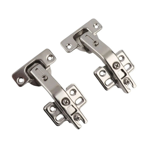 135 Degree Corner Cabinet Hinge Set for Kitchen and Bath, Tough as Nails Cold Rolled Steel 2 Pack; shiny metal hinges on white background.