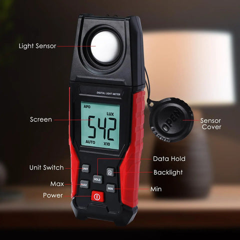 Handheld Lux Meter With Big LCD Display Data Hold And Backlight Fast Read High Accuracy For Indoor Outdoor Light Measurement 0.1 To 200000 Lux Wide Range Perfect For Photography Studio Gardening And Plant Growth, black red handheld light meter with sensor cover
