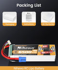 Packing list with Nihewo 6500mAh RC battery, packaging, instructions, and AB clip buckle.