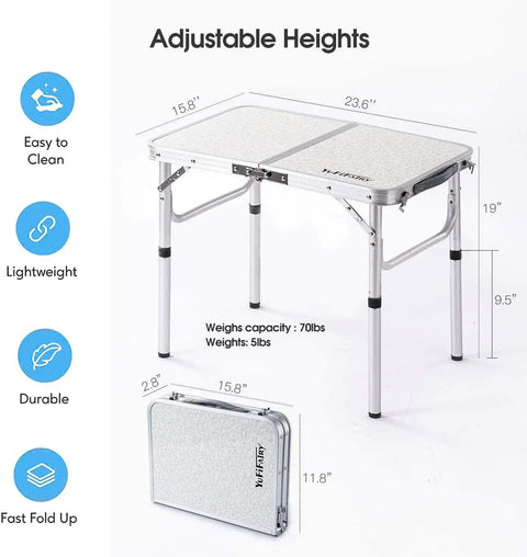 Ultra Portable Folding Camp Table With Aluminum Build 24 Inch Long By 16 Inch Wide Adjustable Height Legs With Two Heights 10 And 19 Inches Lightweight Indoor Outdoor Picnic Table For Camping Tailgating Beach Trips