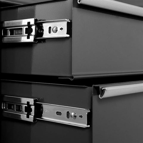 Close-up of drawer mechanism on Beefy Heavy Duty Rolling Tool Box With Five Drawers And Lockable Panels, Steel Cart Tool Chest