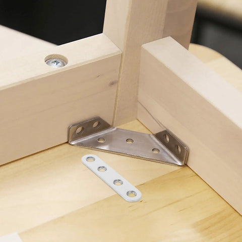 Heavy Duty Stainless Steel Shelf Brackets Set With Four Hole Flat Brackets And 120 Screws, bracket installed on wood corner