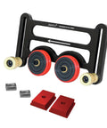 Tough As Nails Rust Proof Table Saw Roller Feeder Kit with red and black rollers, anodized aluminum frame, and adjustable components.