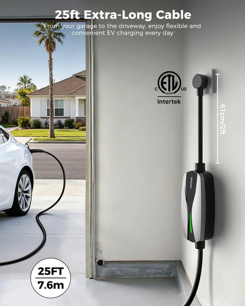 Portable Tesla Ev Charger Level 1 And Level 2 Etl Certified Dual Voltage Cable With 25 Foot Cord for convenient charging.
