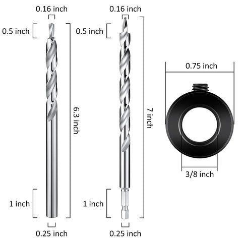 4 Pack Three Eighths Inch Pocket Hole Drill Bits With Depth Stop Collar One Quarter Hex Shank And Round Shank Replacement Twist Step Drills For Manual Pocket Hole Guide Jig Master System Length Six Point Three Inches, showing dimensions and components.