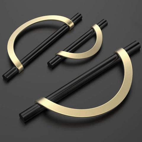 Six Pack Matte Black And Gold Half Moon Cabinet Pulls Three And Three Quarters Inch Hole Centers 96mm Drawer Handles