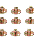Heavy Duty Screw In Tee Nuts For Furniture Hardware With 3/8-16 Thread Zinc Plated Carbon Steel Frame And No Fuss Bolt Up Design For Rock Solid Mounting On Any Job Site Or Weekend DIY Build 12 Pc, showing ten tee nuts with holes.