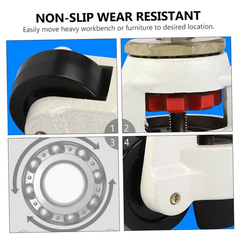 Mighty Solid Heavy Duty Swivel Casters With Zero Fuss Easy Adjustment And Ultra Smooth Flat Base Rollers For Industrial Benches Desks And Server Racks 4 Piece Set showing non-slip nylon rollers and adjustment mechanism.