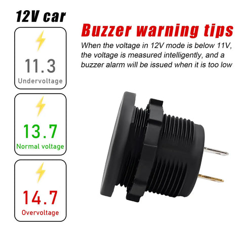 Waterproof DC 12V Voltmeter With LED Digital Display, Round Panel Battery Voltage Tester For Car Motorcycle Boat, Beast Pro Grade Gauge With Terminals, All Weather, Easy Install, Universal Vehicle Voltage Meter showing side view and warning levels