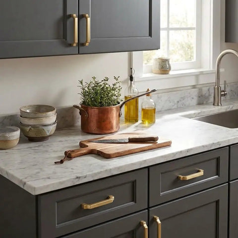 10-Pack 5 Inch Center to Center Square Brushed Gold Cabinet Pulls on dark kitchen drawers with marble countertop.