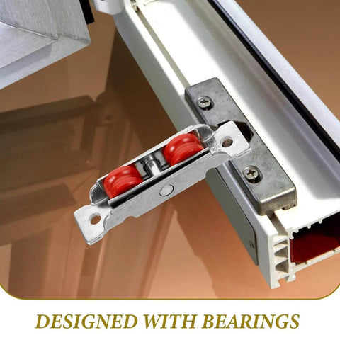 Close-up of a durable stainless steel sliding door wheel replacement kit with dual nylon wheels and ball bearings.