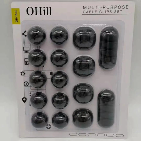 16 Pack Black Cable Clip Organizer Set With Adhesive Backing for Desk, Wall, and Car Mounts in packaging
