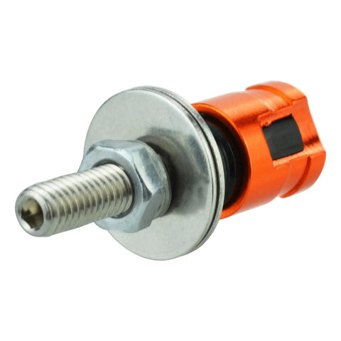 Rust Proof Aluminum License Plate Screws Kit With Accessories 4 Pack For Cars Trucks And Motorcycles Orange Keeps Your Plate Secure And Theft Resistant With Easy Install close-up view of one screw featuring orange finish and aluminum material.