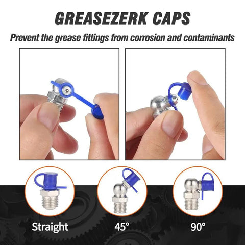 Hands attaching color-coded cap to zerk fitting in 240 Piece SAE Grease Fittings Kit With G1/4 And G1/8 Zerk Fittings, Straight 45 Degree 90 Degree Angled, Color Coded Dust Caps, Cap Covers M6 M10, Great For Tractor Truck Automotive