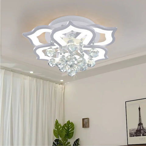 Lit Six-Head Crystal LED Flush Mount Ceiling Light With Remote Control mounted on a ceiling, modern chandelier style