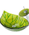Leaf Shape Vessel Sink Set With Tempered Glass Basin And Waterfall Chrome Faucet Pop Up Drain Deck Mounted Installation Modern Bathroom
