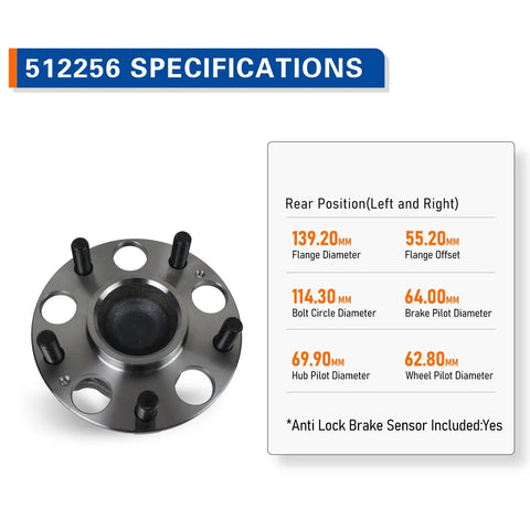 512256 Rear Wheel Bearing Hub Assembly for Acura CSX 2006 2010 and Honda Civic Ex Si 2006 2011 shown with specifications chart