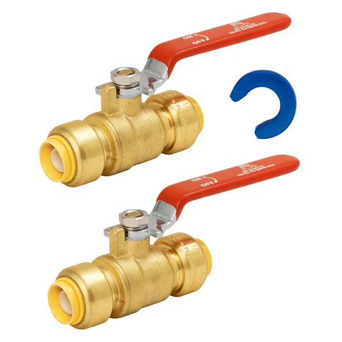 Half Inch Ball Valve Shut Off For Water Supply With Push To Connect Fittings For Pex Copper And CPVC No Lead Brass Includes One Disconnect Clip Pack Of Two