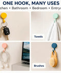 Sixteen Pack Dead Easy Colorful Adhesive Wall Hooks Self Stick Strong Tape No Drill Renter Friendly Low Key Decorative Style Quick Mount Organization For Any Space Major Room Refresh, example of hooks for keys, towels, cords, and brushes.