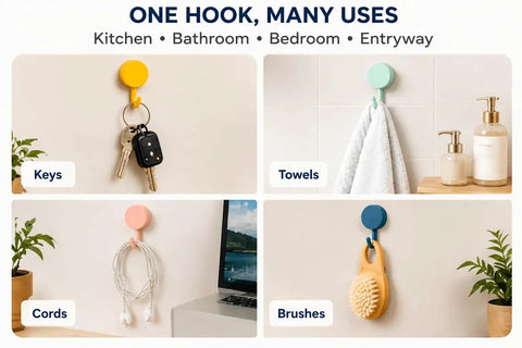 Sixteen Pack Dead Easy Colorful Adhesive Wall Hooks Self Stick Strong Tape No Drill Renter Friendly Low Key Decorative Style Quick Mount Organization For Any Space Major Room Refresh, example of hooks for keys, towels, cords, and brushes.