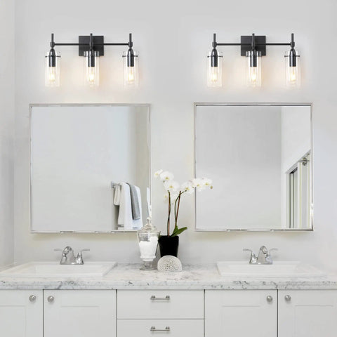 Three Light Black Vanity Light Fixture Over Mirror With Clear Glass Shades For Sleek Modern Bathroom E26 Bulb Compatible