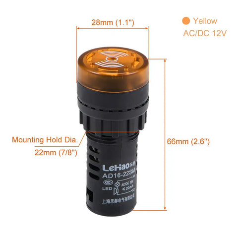 Five Pack Yellow Indicator Lights With Buzzer, 12V AC DC, 22Mm Panel Mount Flasher Alarm For Electrical Control Panels HVAC And DIY Projects
