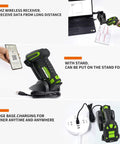 Built Tough Rugged 2D Wireless Barcode Scanner With Charging Dock, shown with QR code scanning, charging, and stand use.