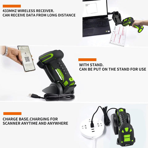 Built Tough Rugged 2D Wireless Barcode Scanner With Charging Dock, shown with QR code scanning, charging, and stand use.