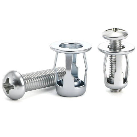 Tough As Nails Expanding Drywall Plugs And Peanut Nut Kit, 100 Piece Assorted M4 M5 M6 M8 Zinc Steel fasteners for sheet metal. Three silver anchors and screws displayed.