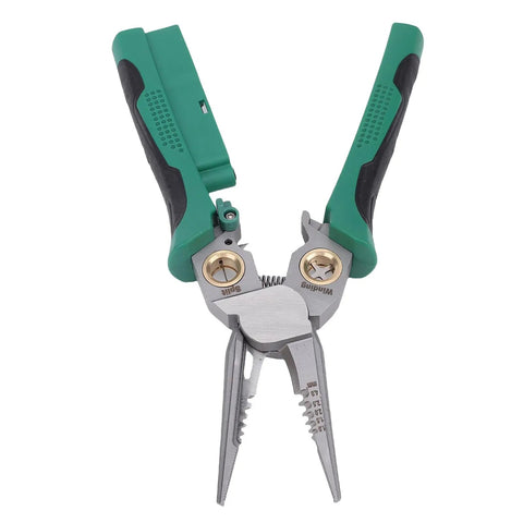 Top Shelf Electrician Wire Stripper And Crimping Pliers With Built In Voltage Tester, ergonomic handles and metal jaws for electrical tasks.