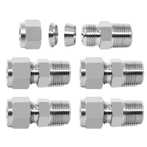 304 Stainless Steel Compression Tube Fitting One Quarter Inch Outer Diameter To One Quarter Inch NPT Male Union Connector Five Pack