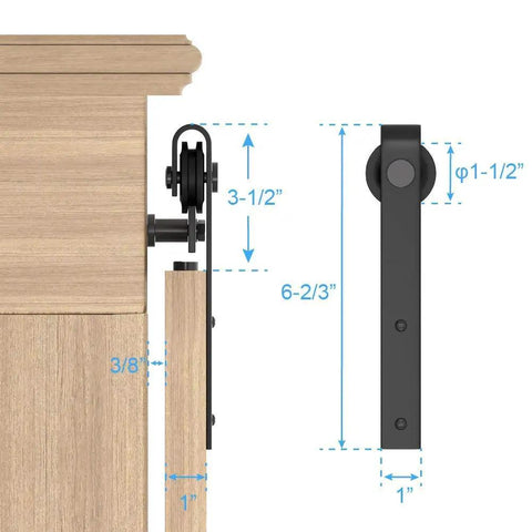 2.5 Foot Sliding Barn Door Hardware Kit For Single Cabinets And Small Closets With J Shape Hanger Track, side view and dimensions