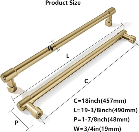 Industrial Modern Brushed Brass 18 Inch Center To Center Appliance Pulls Heavy Duty Cabinet Handles size diagram