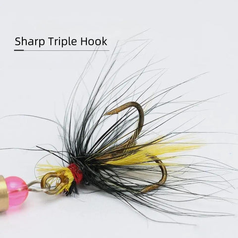 Close-up of sharp treble hook on lure from 12 Piece Spinnerbait Fishing Lure Kit For Bass, Trout, Salmon, Walleye And More.