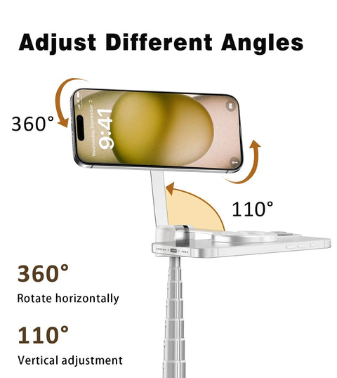 68 Inch Magnetic Selfie Stick Tripod With Aluminum MagSafe Holder showing 360-degree rotating phone stand adjustment