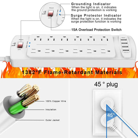12 Outlet Power Strip With 4 USB Ports, 6 Ft Heavy Duty Extension Cord, 2700 Joules Surge Protector With Overload Protection