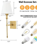 Two Pack Brushed Brass Wall Sconces With Fabric Shade, Hardwired; dimensions, recommended bulb types shown.