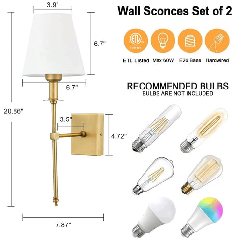 Two Pack Brushed Brass Wall Sconces With Fabric Shade, Hardwired; dimensions, recommended bulb types shown.