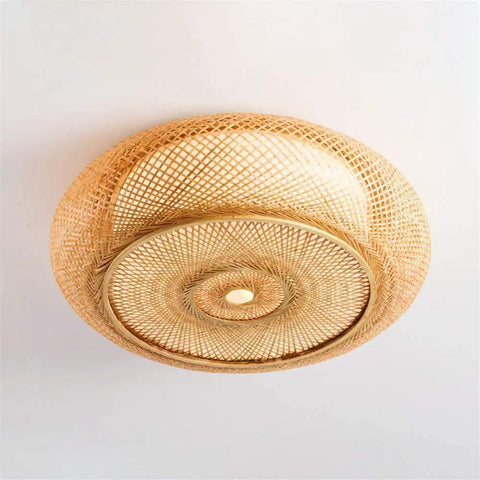 Vintage Drum Shape Bamboo Ceiling Light Flush Mount Handwoven Weave Handmade Farmhouse Style Lighting For Living Room And Bedroom Cozy Soft Glow Eco Friendly Natural Material 40cm Wide