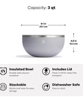 Heavy Duty Double Wall Insulated Serving Bowl With Tight Seal Lid Pro Grade Stainless Steel Food Container Keeps Your Meals Hot Or Cold No Sweat Solid Pick For Tailgates Campouts And Patio Hangs 3 Quart Matte Black side view with measurements
