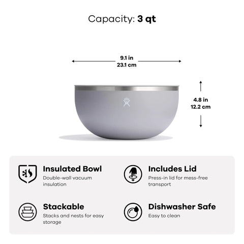 Heavy Duty Double Wall Insulated Serving Bowl With Tight Seal Lid Pro Grade Stainless Steel Food Container Keeps Your Meals Hot Or Cold No Sweat Solid Pick For Tailgates Campouts And Patio Hangs 3 Quart Matte Black side view with measurements