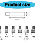 Diagram showing product size of Brass Heat Insert Nut Set For Soldering And 3D Printing, Pro Grade Brass Threaded Nut Insertion Tool, 2-8 mm tips.