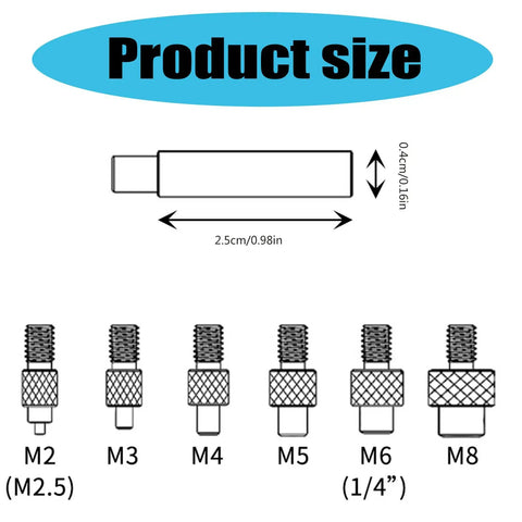 Diagram showing product size of Brass Heat Insert Nut Set For Soldering And 3D Printing, Pro Grade Brass Threaded Nut Insertion Tool, 2-8 mm tips.
