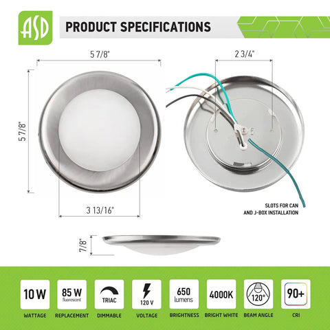 Diagram showing 4 Inch LED Flush Mount Ceiling Light Dope Bright Wet Rated Dimmable 650 Lumens 10W Equivalent to 85W CRI 90 4000K Daylight Brushed Nickel ETL J-Box or Recessed Can Install 24 Pack dimensions and specifications.