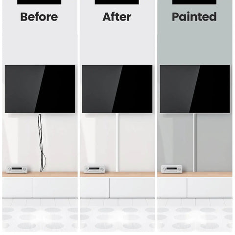 Before and after view showing TV Cord Hider Kit 34 Inch White Peel And Stick Cable Concealer For Wall Mounted TVs And Desks 2 Pack