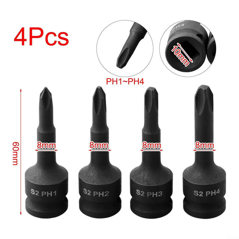 Rock Solid Chrome Steel 3/8 Inch Square Drive Phillips Socket Adapter Kit With PH1 PH2 PH3 PH4 Bits, 60mm