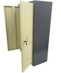 60 Drawer Parts Cabinet Nut And Bolt Organizer Lockable Metal Bin Cabinet With Partitions Labels And Doors for Hardware Storage in Garage Workshop Built To Last, grey and beige steel construction with open lockable doors.